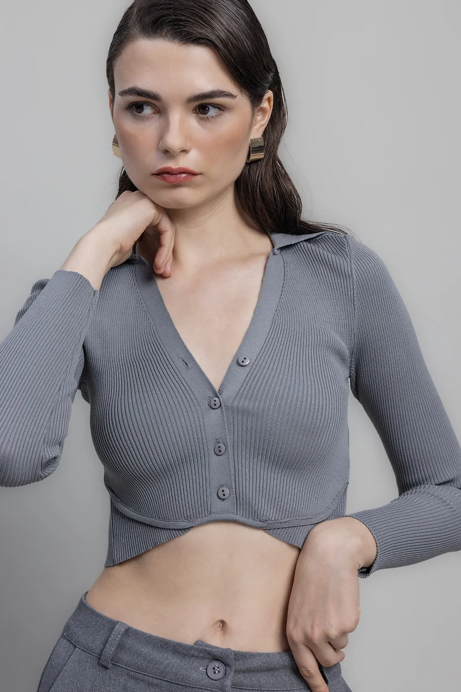 Bayan Gri Yakalı Crop Top