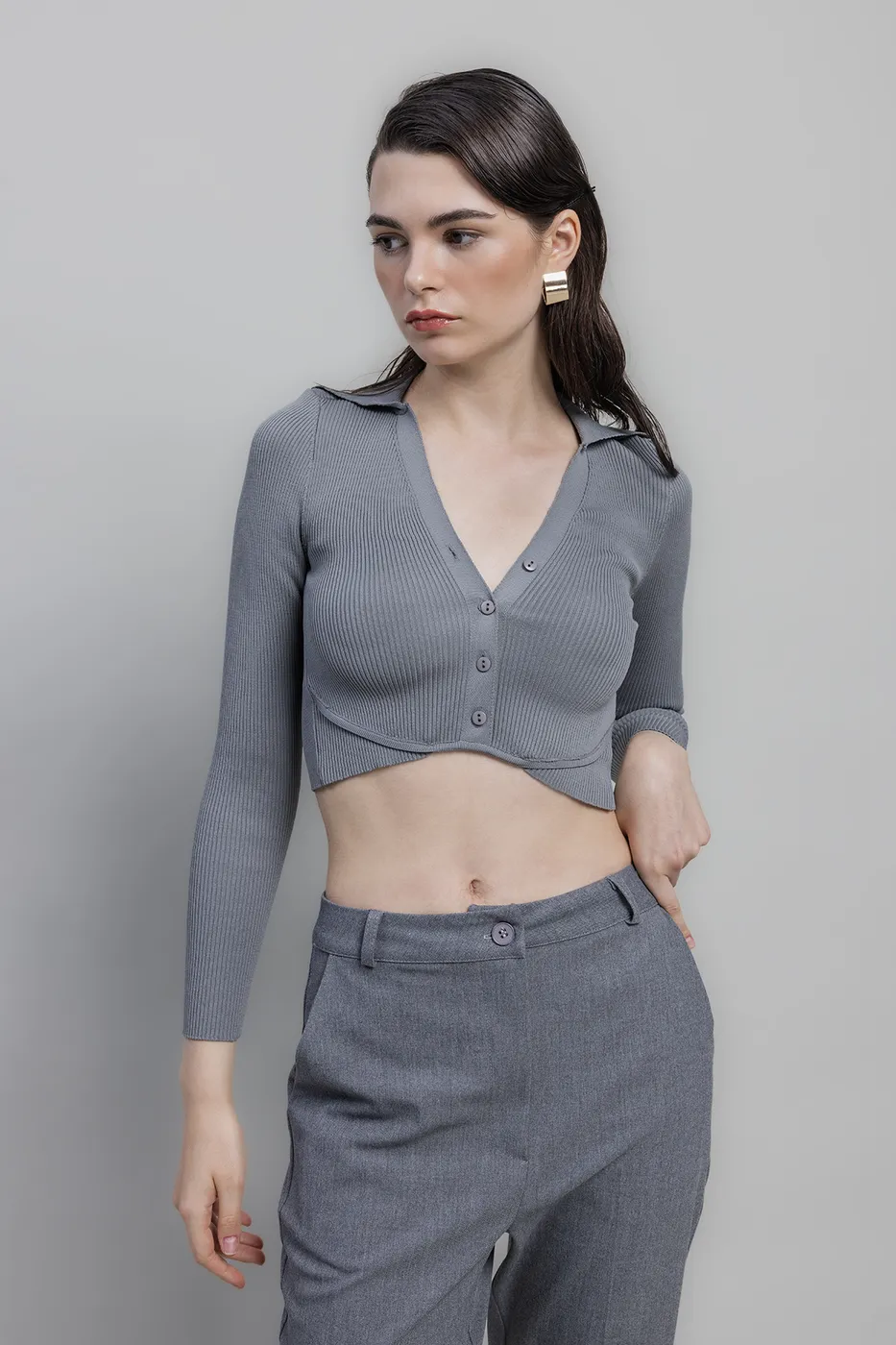 Bayan Gri Yakalı Crop Top