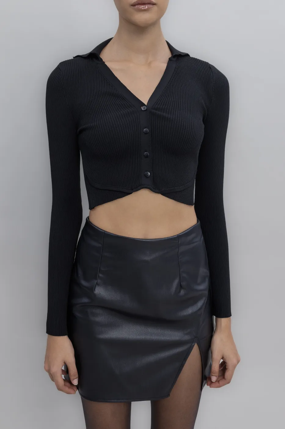 Bayan Siyah Yakalı Crop Top