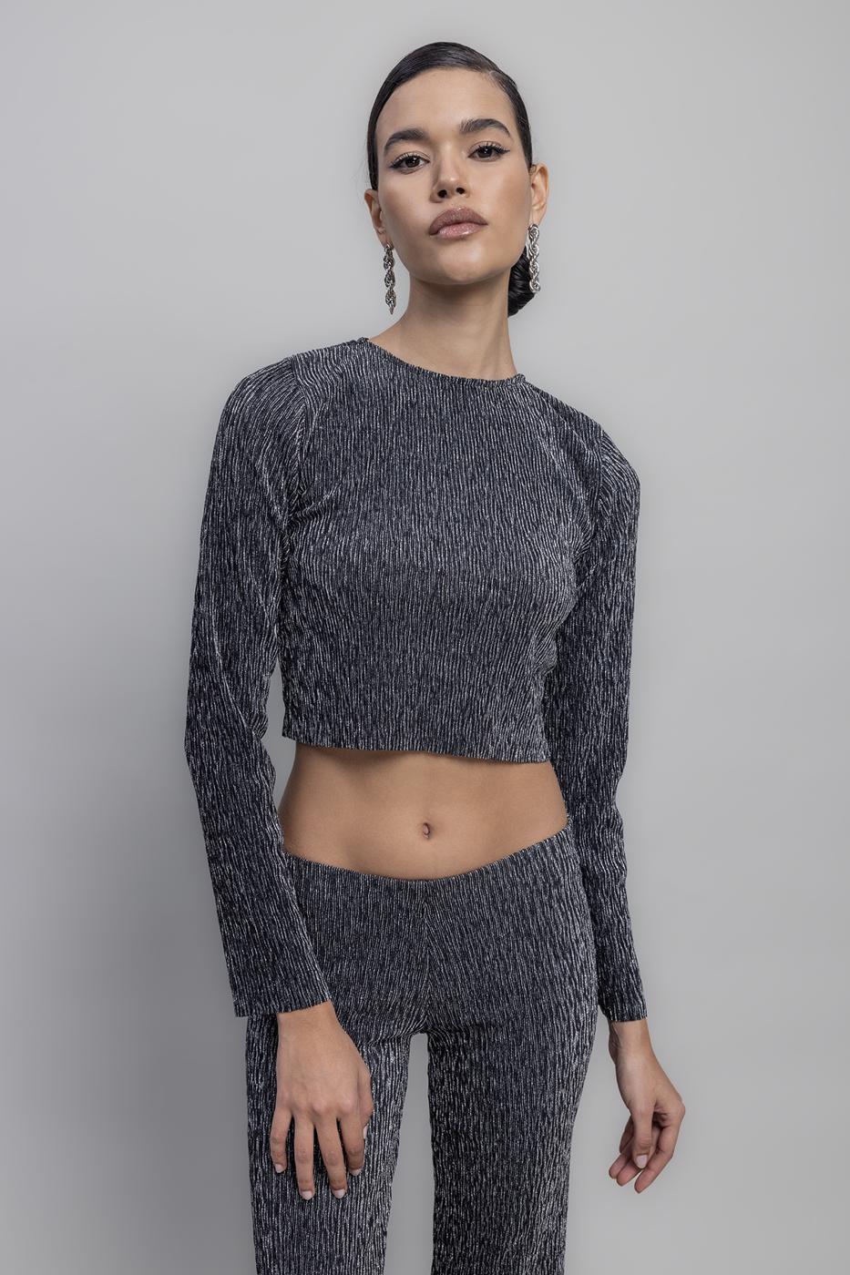 Siyah Simli Crop Bluz 19581-175 | BSL Siyah Simli Crop Bluz 19581-175 | BSL