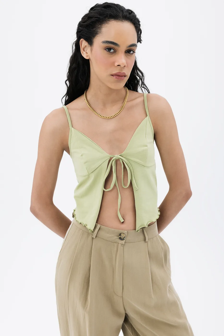 Bayan Yeşil Askılı Crop Bluz