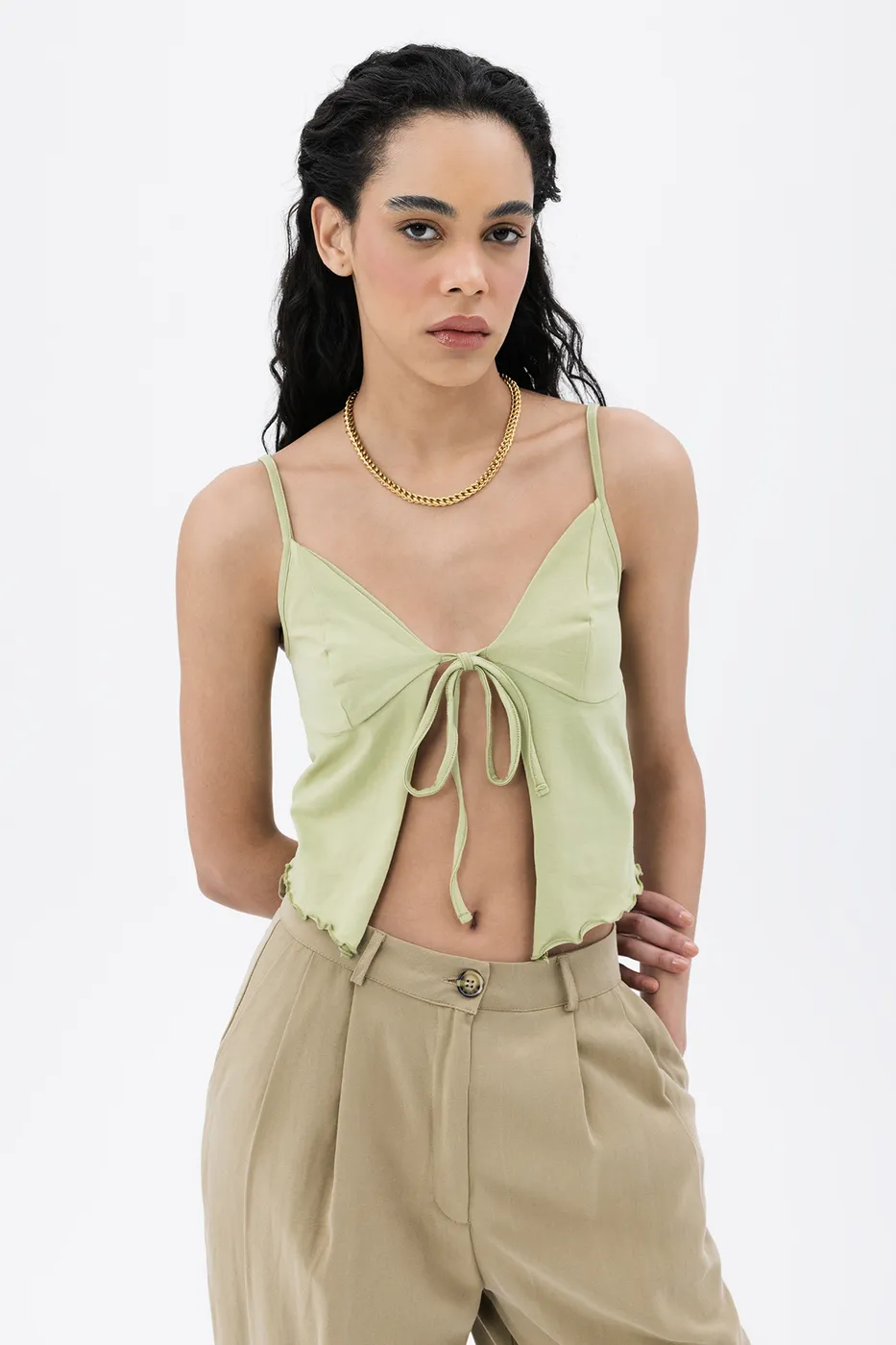 Bayan Yeşil Askılı Crop Bluz
