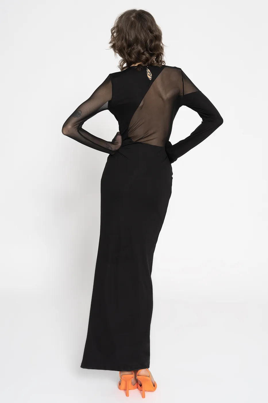 Bayan Siyah Transparan Detaylı Maksi Elbise