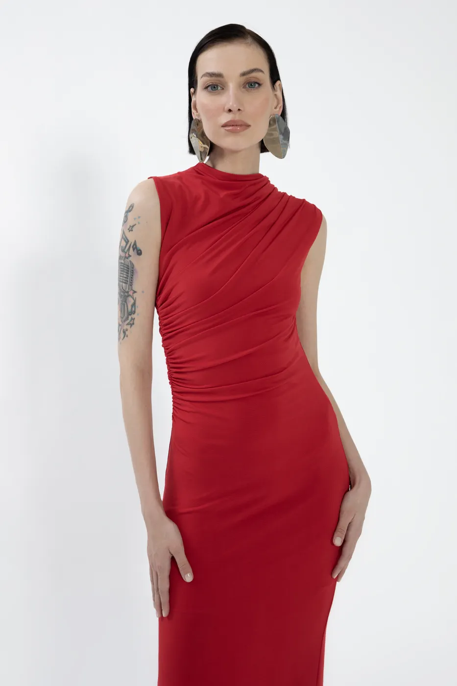 Bayan Kırmızı Dik Yakalı Drapeli Midi Elbise