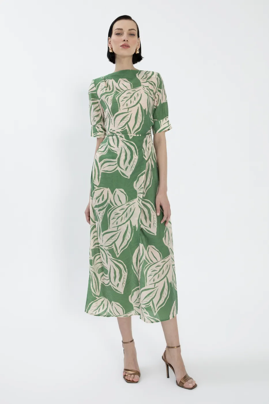 Bayan Yeşil Kısa Kollu Anvelop  Midi Elbise