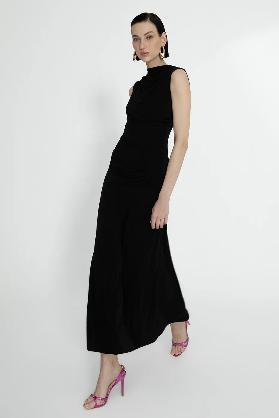 Bayan Siyah Dik Yaka Degaje Yakalı  Midi Elbise