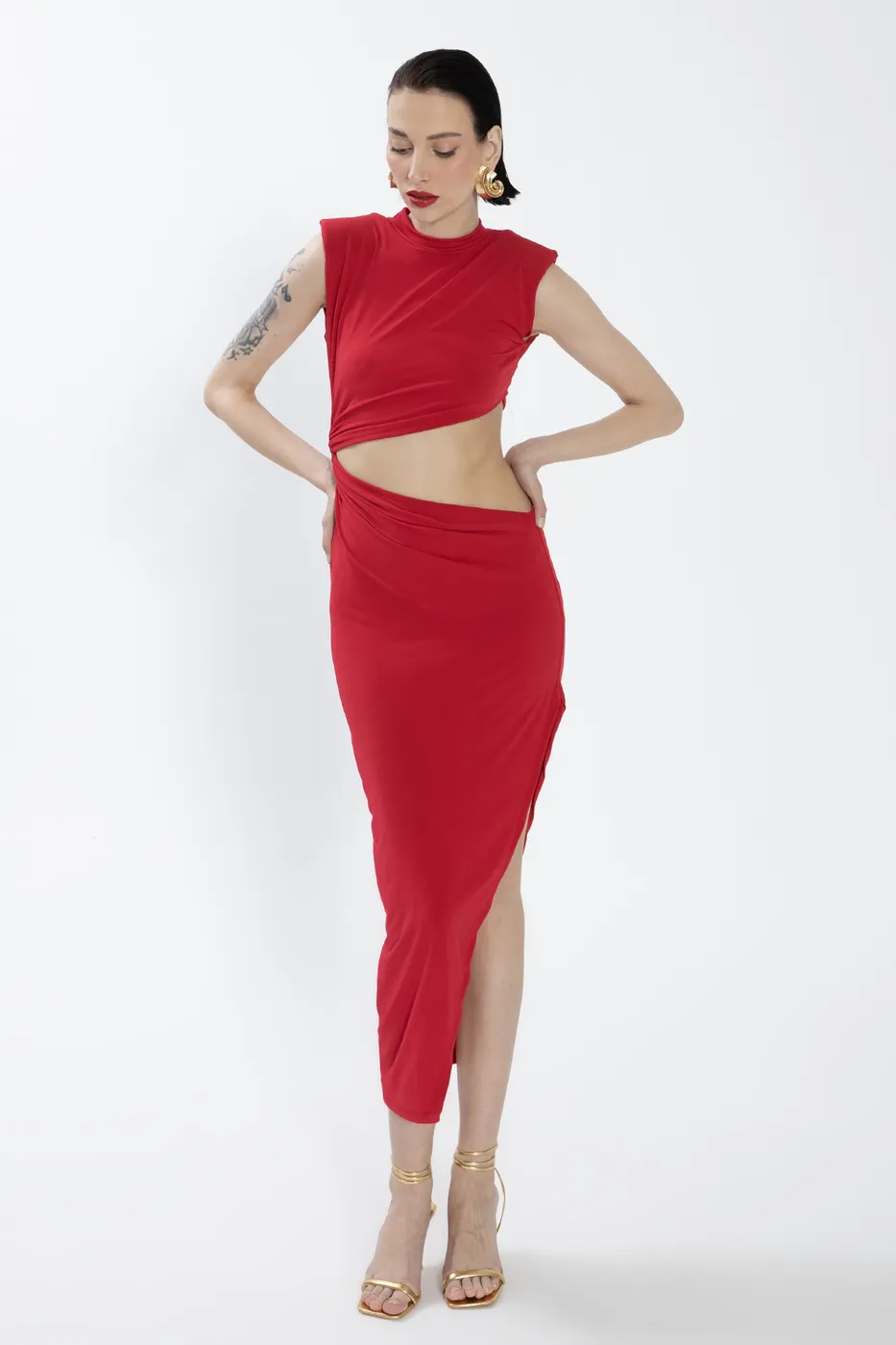 Bayan Kırmızı Derin Yırtmaçlı Bel Dekolteli Midi Elbise
