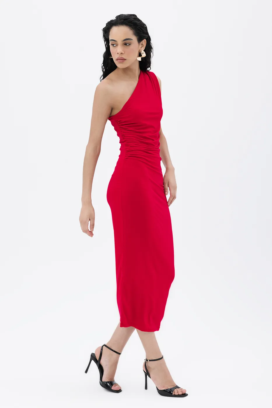 Bayan Kırmızı Drapeli Tek Omuz Detaylı  Midi Elbise