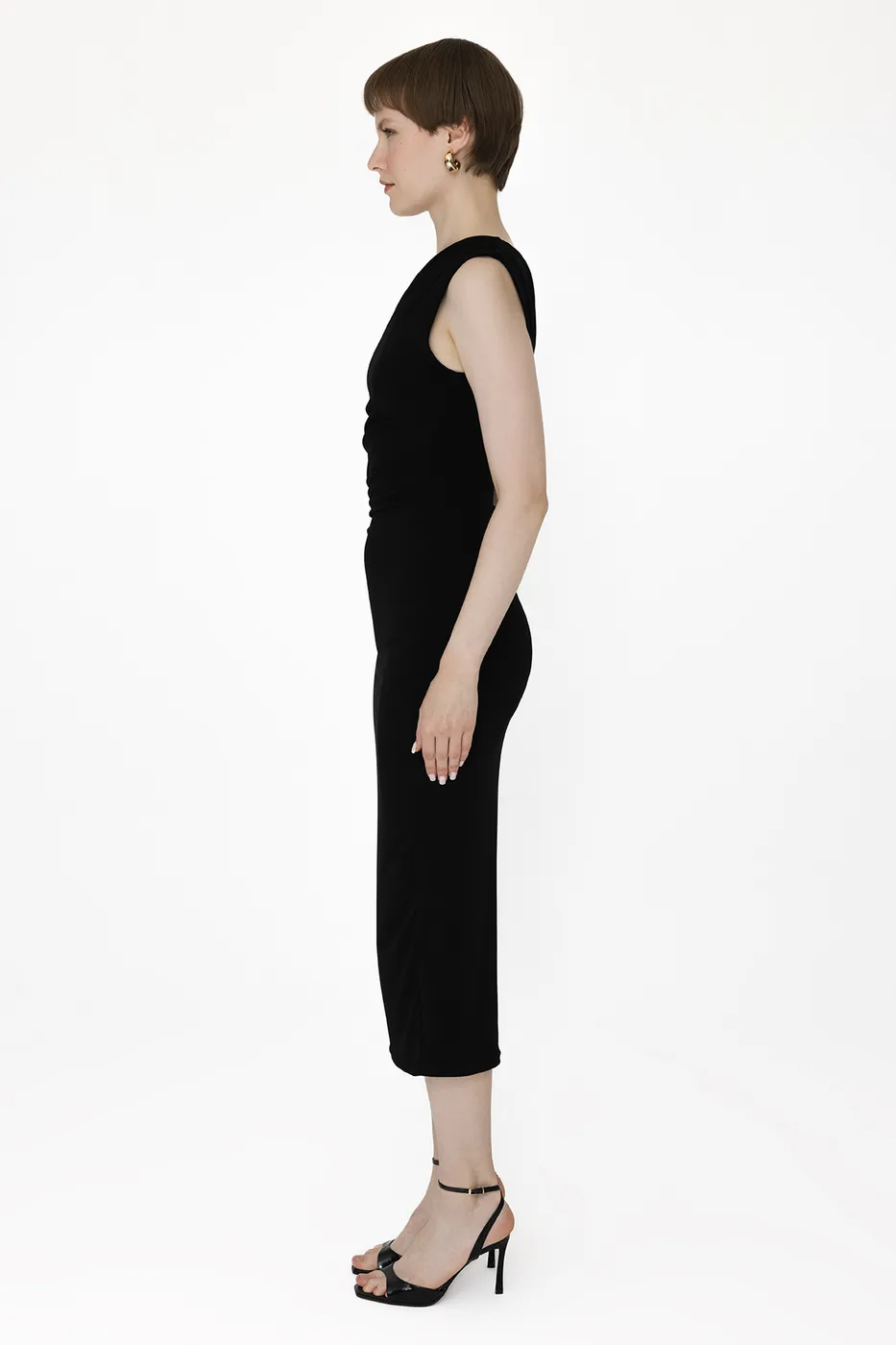 Bayan Siyah Drapeli Tek Omuz Detaylı  Midi Elbise