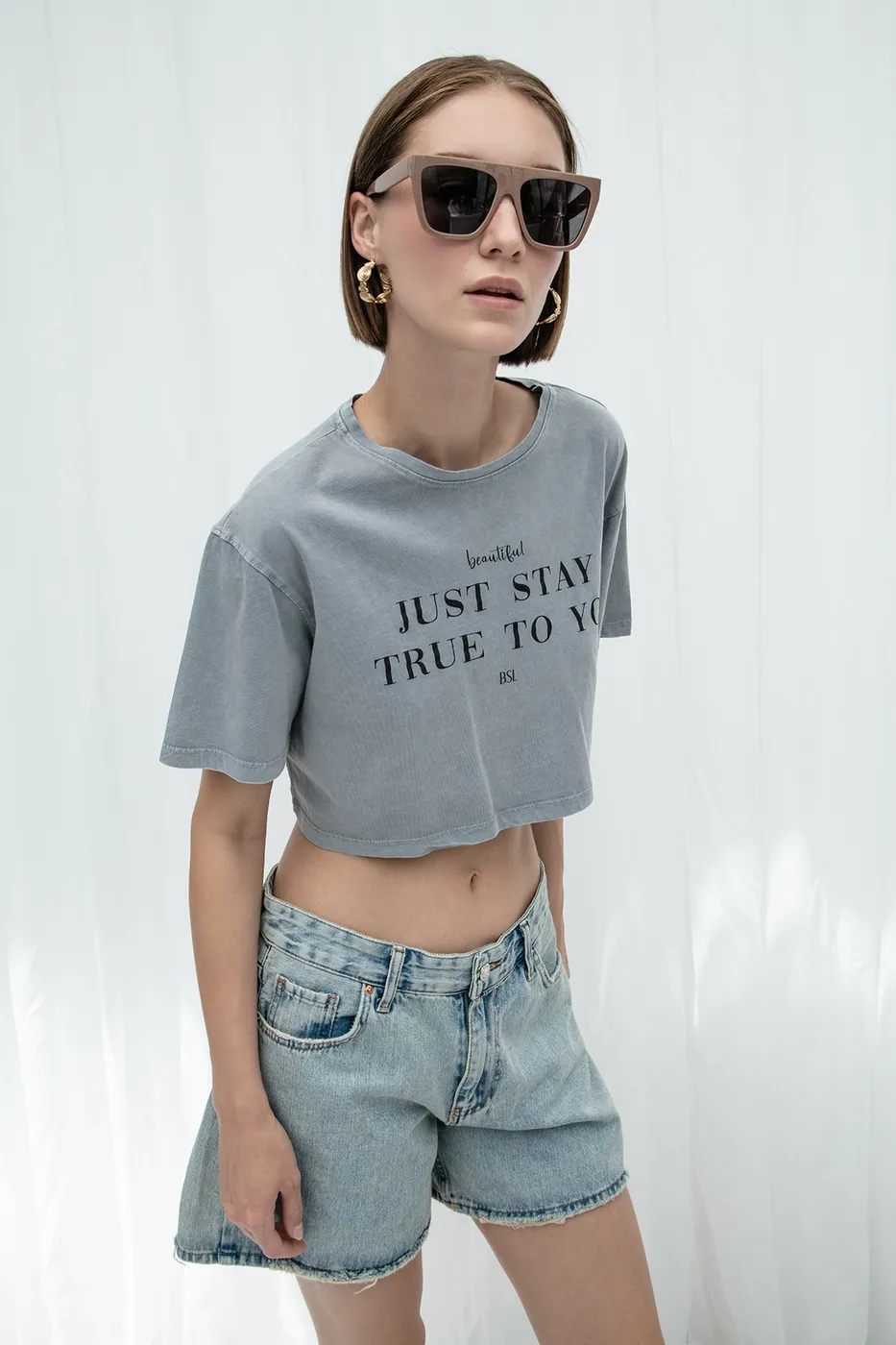 Bayan Antrasit Baskılı Crop Tshirt