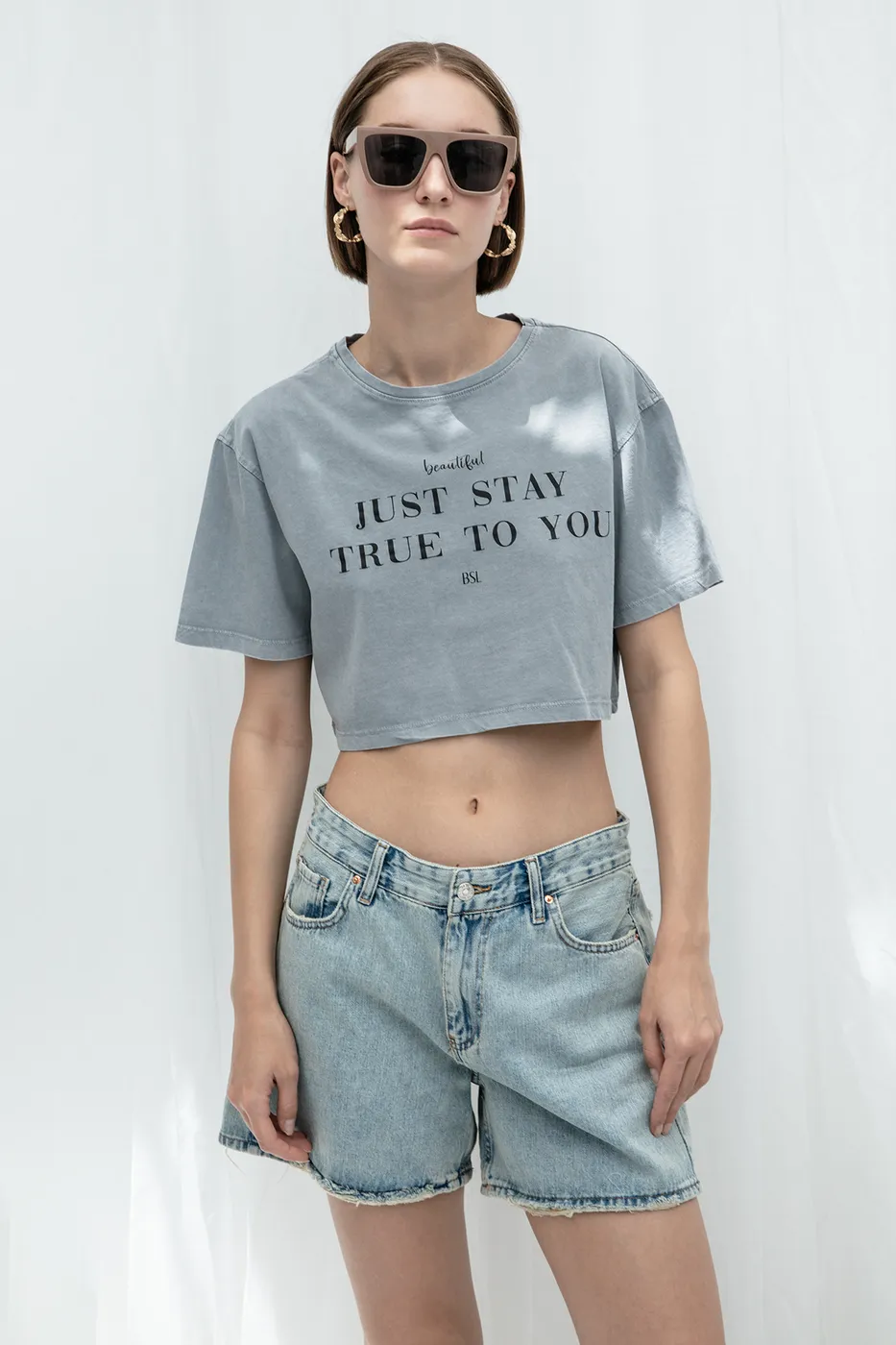 Bayan Antrasit Baskılı Crop Tshirt