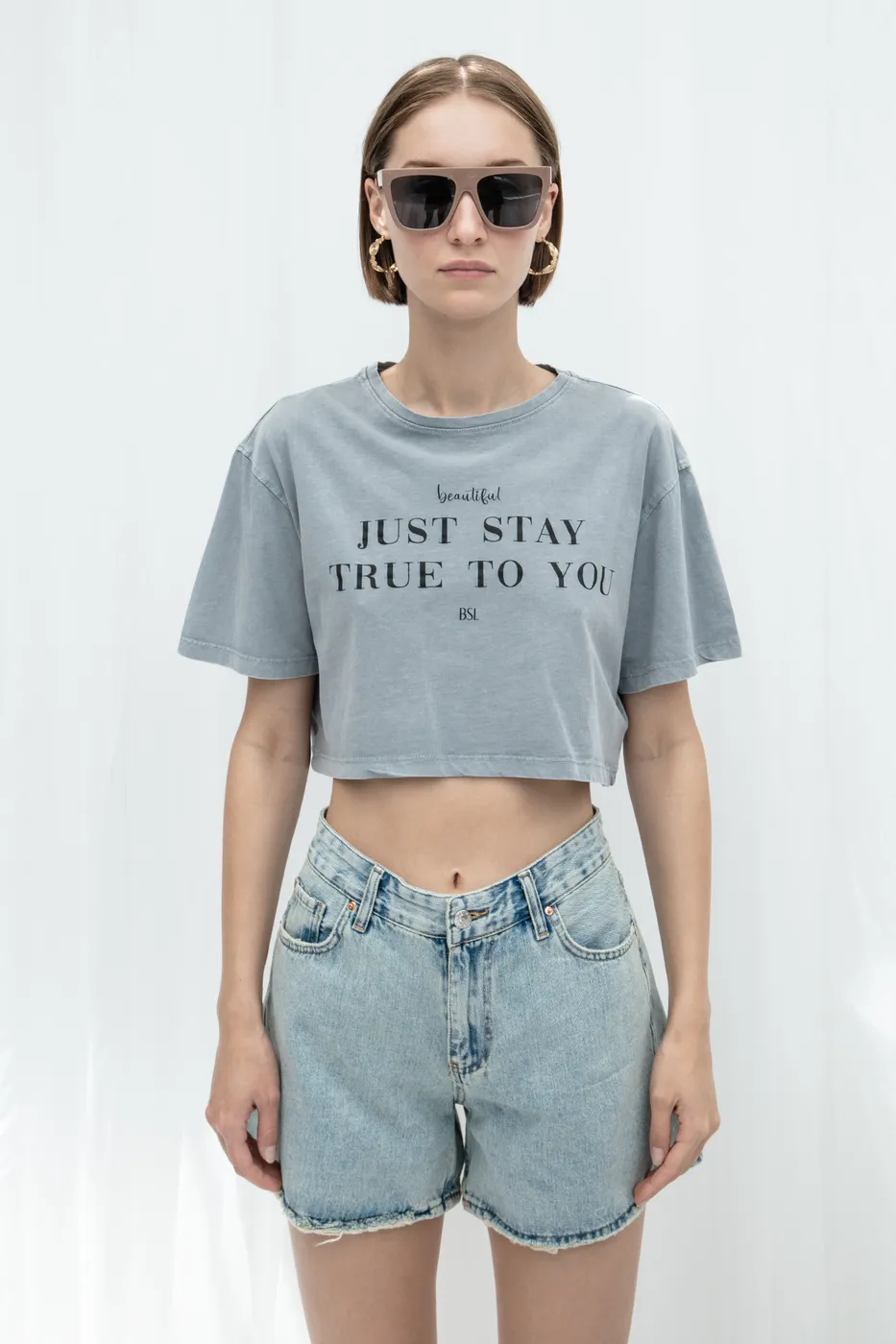 Bayan Antrasit Baskılı Crop Tshirt