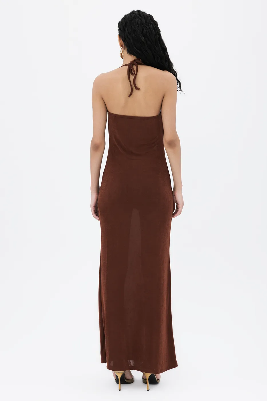 Bayan Kahverengi Degaje Yakalı Askılı Maksi Elbise
