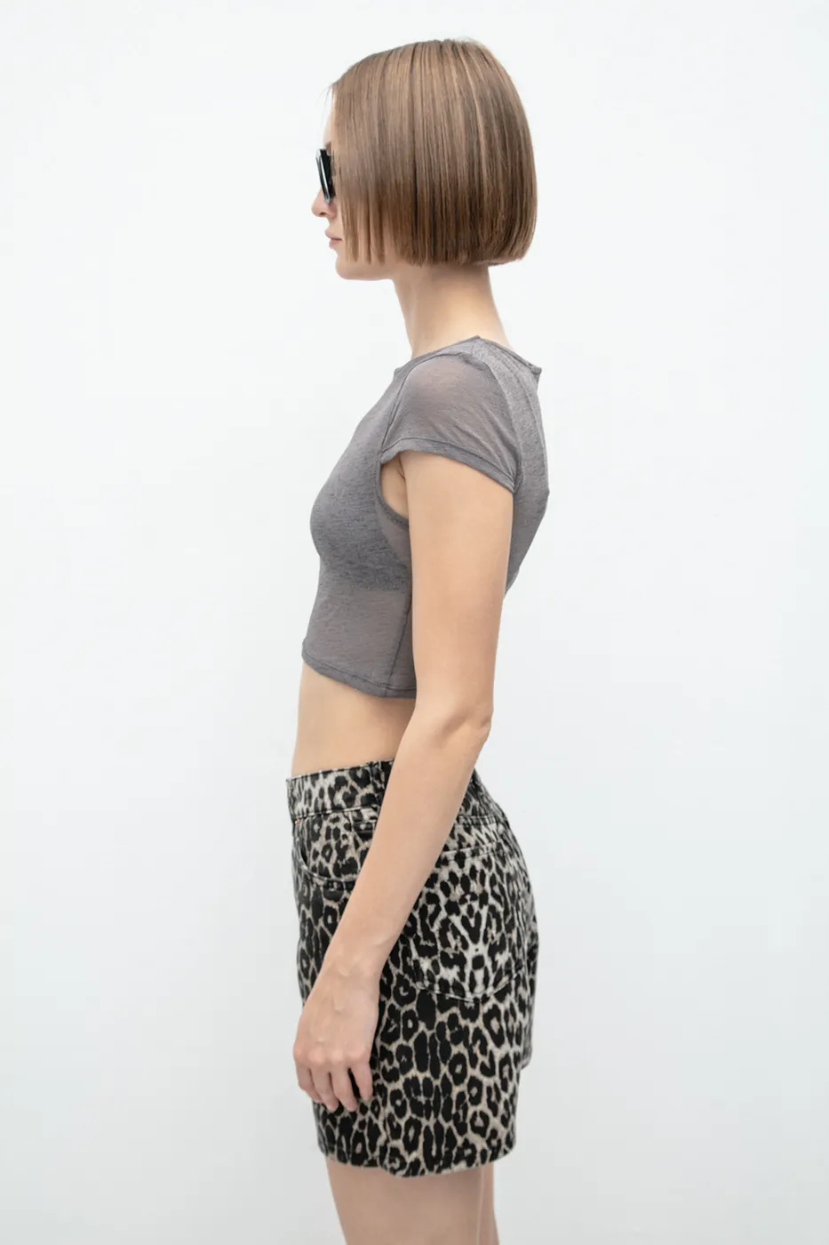 Bayan Gri Tül Crop Top