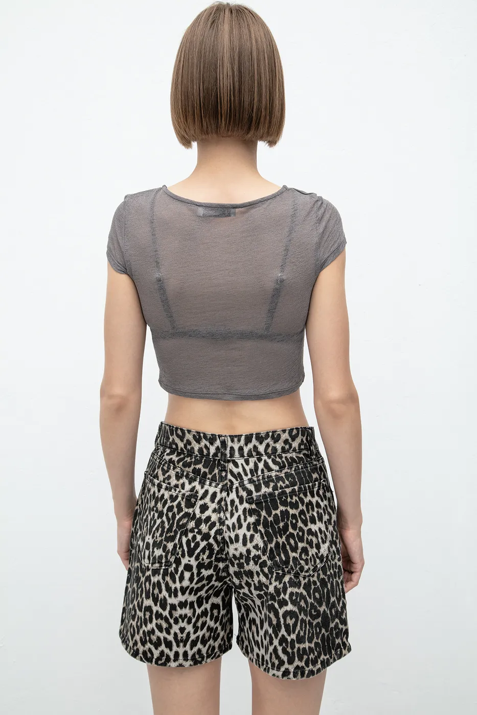 Bayan Gri Tül Crop Top