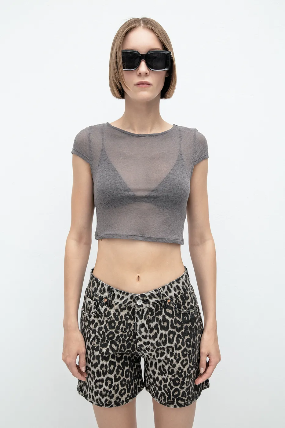 Bayan Gri Tül Crop Top