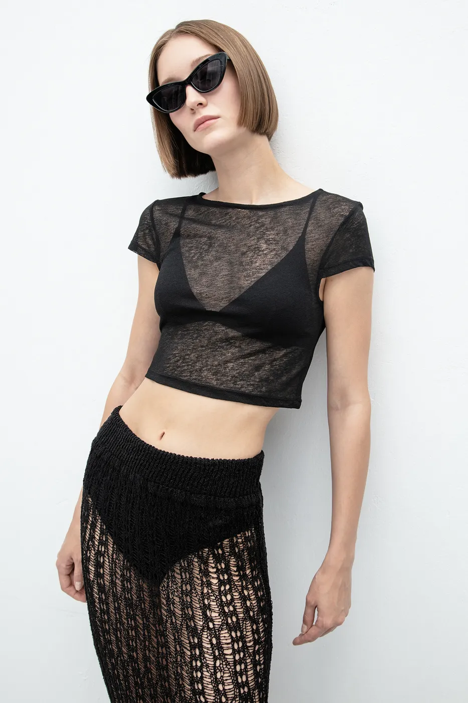 Bayan Siyah Tül Crop Top