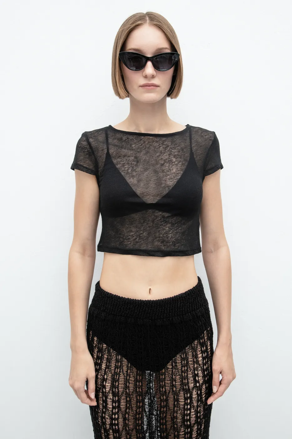 Bayan Siyah Tül Crop Top