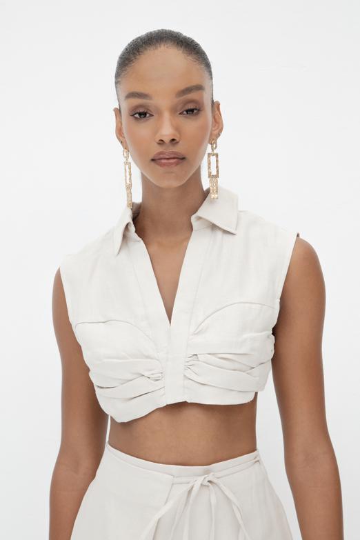 %100 Keten Crop Bluz