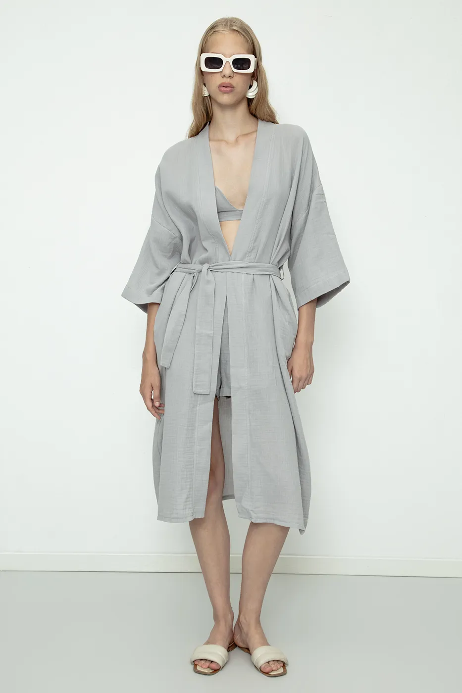 Bayan Gri %100 Cotton Müslin  Kimono