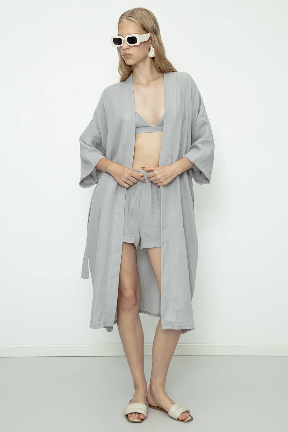 Bayan Gri %100 Cotton Müslin  Kimono