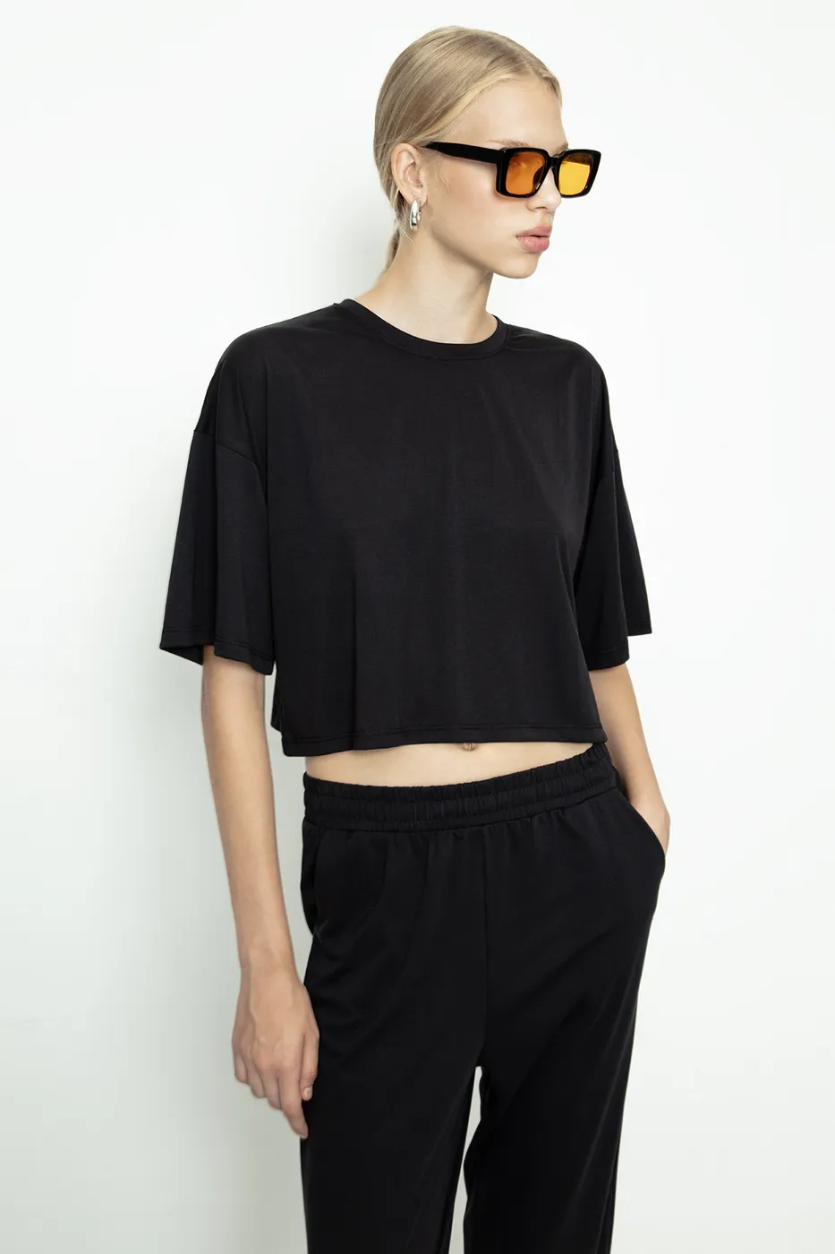 Bayan Siyah Modal Basic Crop Tshirt