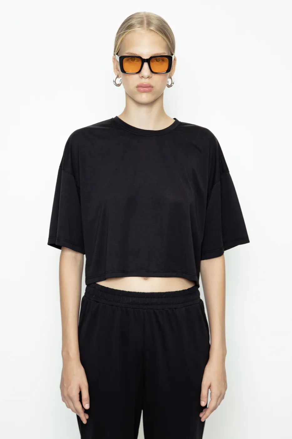 Bayan Siyah Modal Basic Crop Tshirt