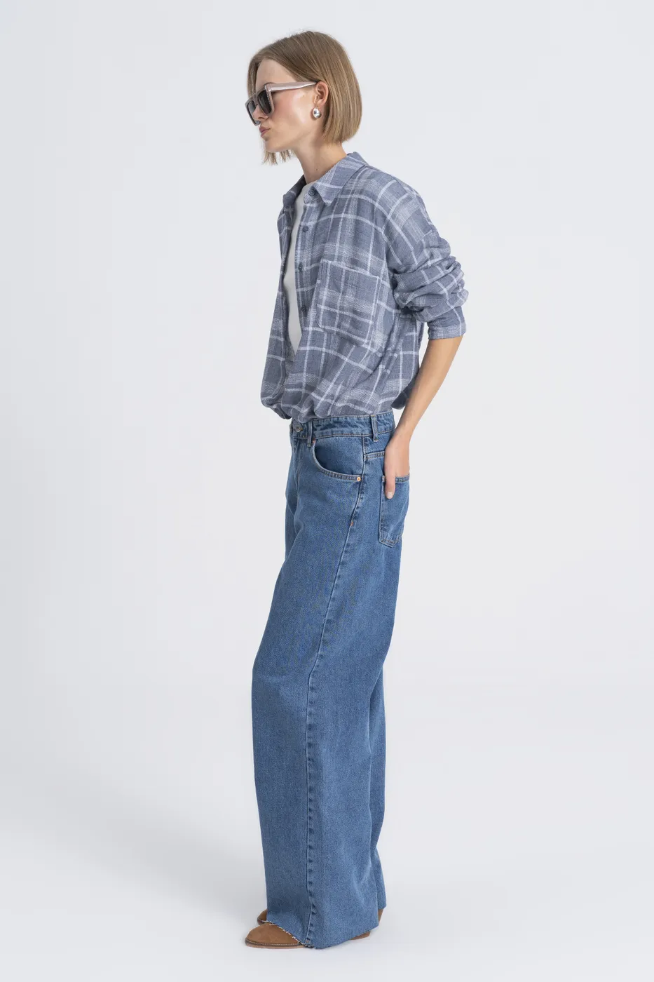 Bayan Mavi Baggy Normal Bel Denim Pantolon