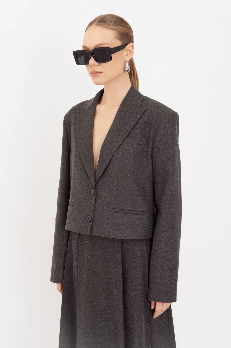 Bayan Gri Oversize Crop Blazer Ceket