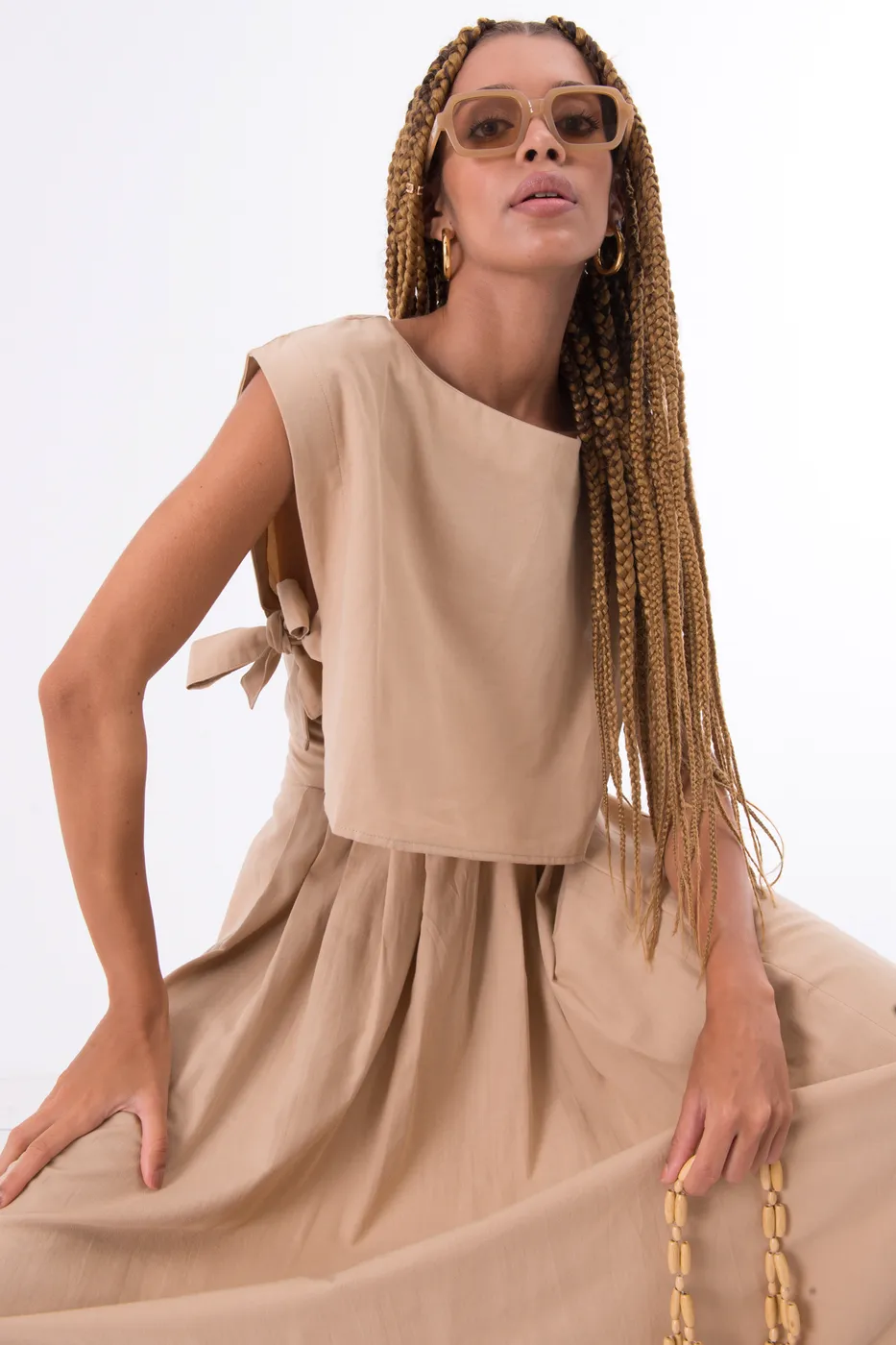 Bayan Camel %100 Tencel Yan Bağlama Detaylı  Bluz