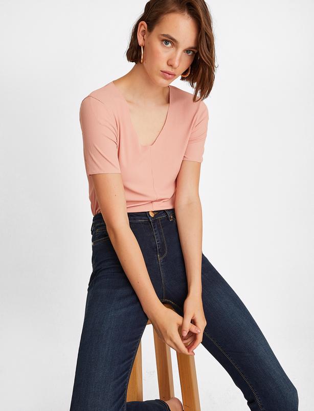Acik Pembe V Yaka Yarim Kollu Orme T Shirt Jimmy Key Acik Pembe V Yaka Yarim Kollu Orme T Shirt Jimmy Key