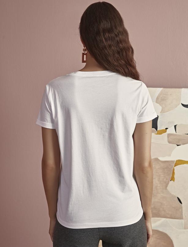Beyaz Kol Detayli Ve Baskili Bisiklet Yaka T Shirt Jimmy Key