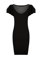 Bayan Siyah Kolları Fırfır Detaylı Triko Elbise