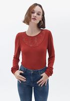Bayan Kırmızı Uzun Kollu Dantel Detaylı Bluz