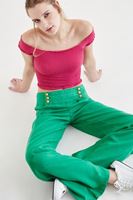 Bayan Yeşil Bol Kesim Altın Renk Düğme Detaylı Pantolon