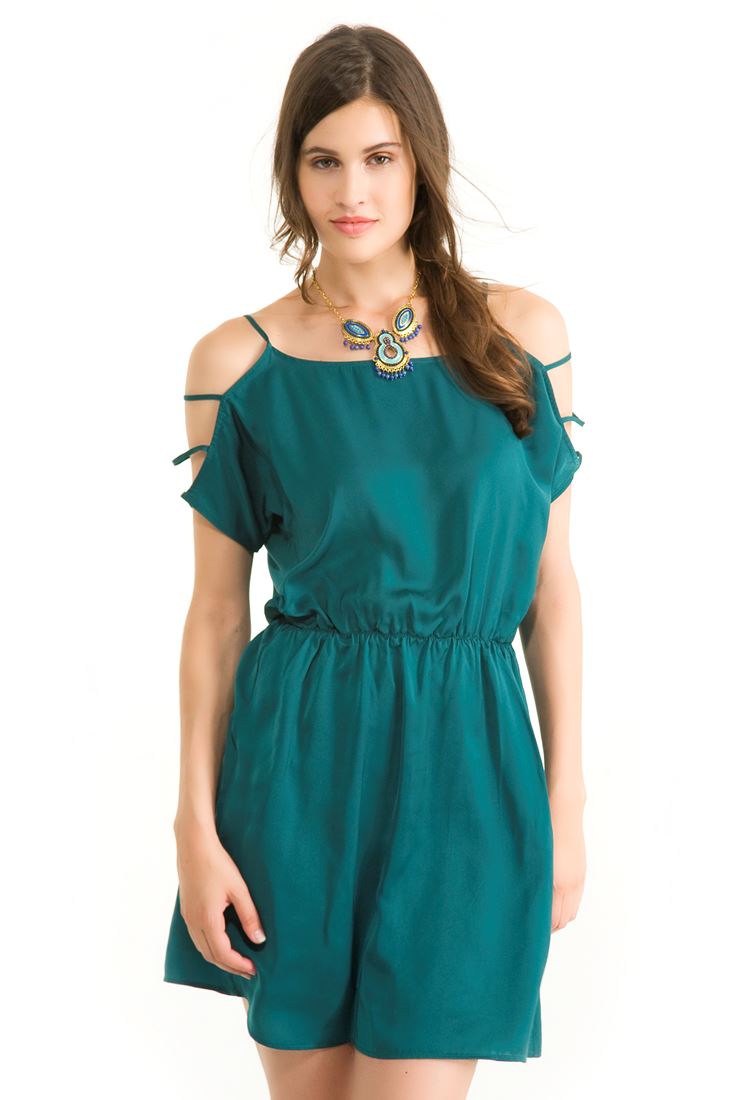 Bayan Yeşil Kolları Düşük Elbise