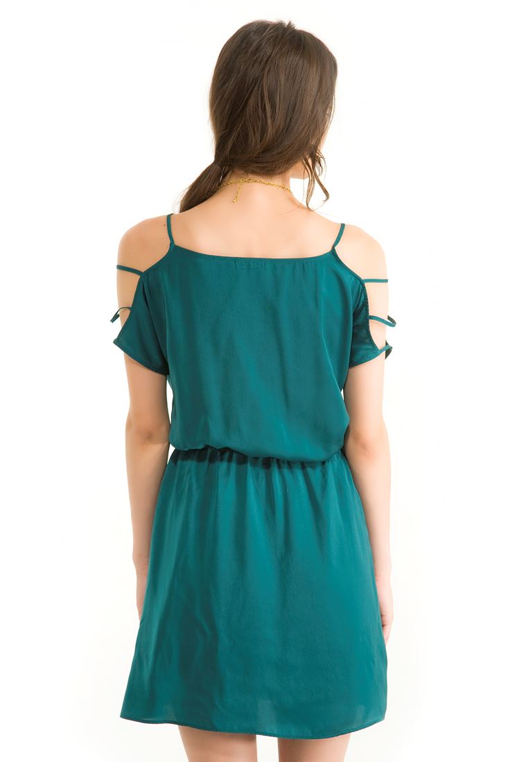 Bayan Yeşil Kol Detaylı Mini Elbise