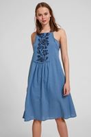 Bayan Mavi Askılı Nakışlı Elbise