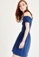 Bayan Mavi Düşük Omuzlu Mini Elbise