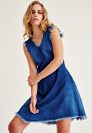 Bayan Mavi Sırt Detaylı Kolsuz Denim Elbise