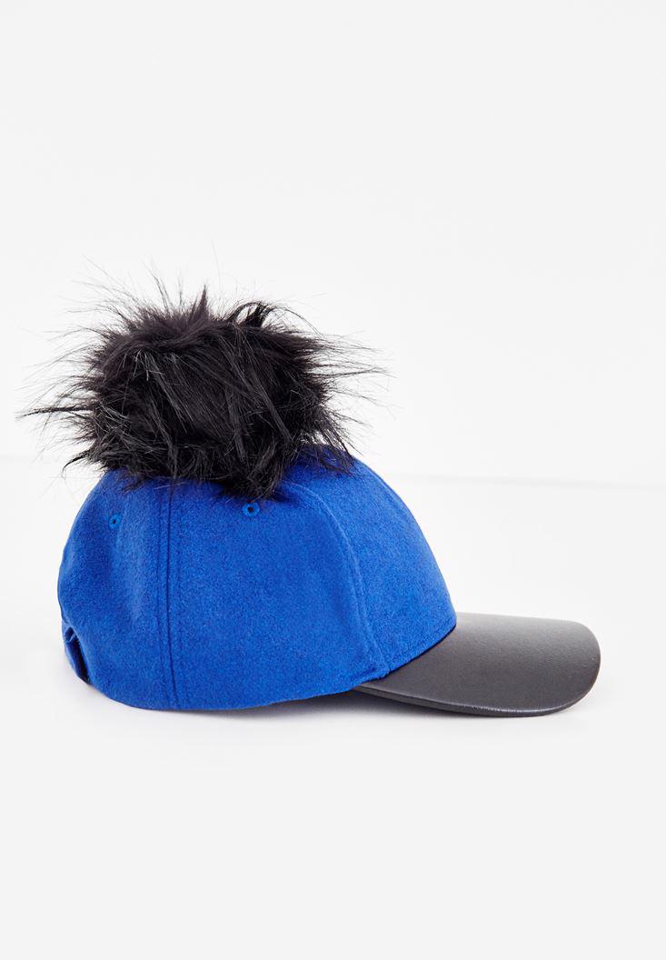 Women Navy Hat With Fur and Leather Detail