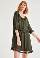 Bayan Yeşil Püskül Detaylı Uzun Kollu Elbise