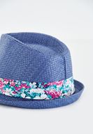 Bayan Lacivert Çiçek Desenli Hasır Şapka
