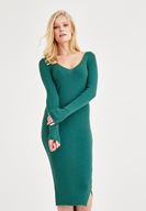 Bayan Yeşil V Yaka Yırtmaç Detaylı Uzun Elbise