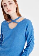 Bayan Mavi Çapraz Biye Detaylı Sweatshirt