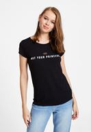 Bayan Siyah Slogan Baskı Detaylı Tişört