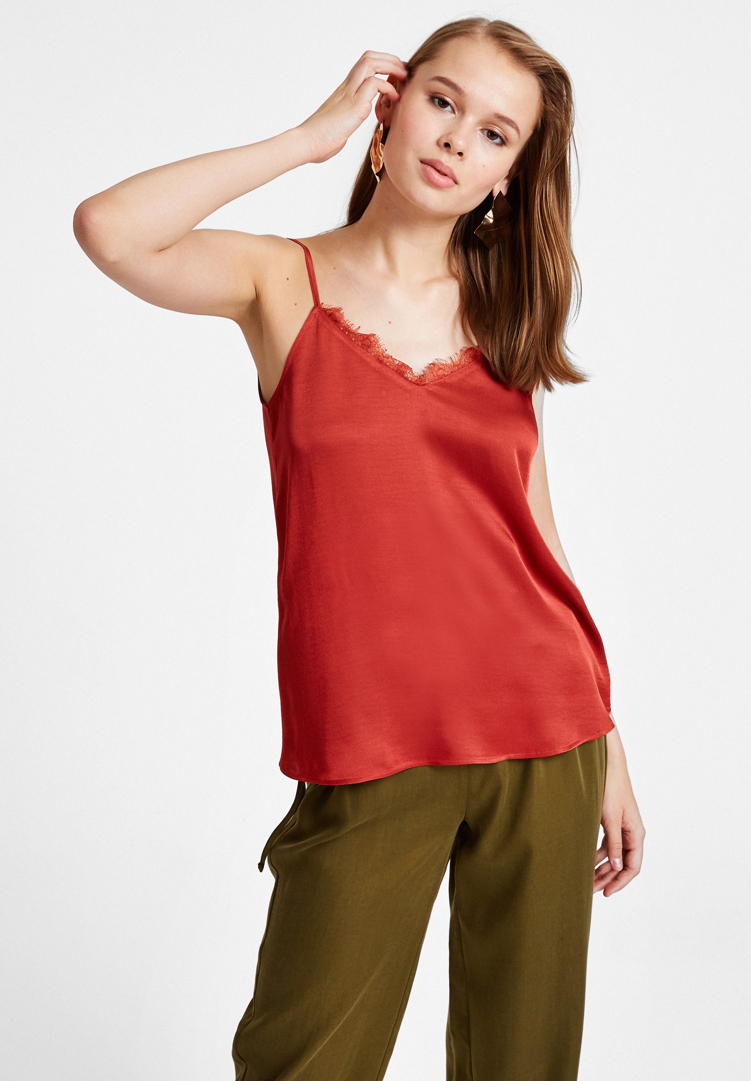 Women Red Tank Top with Lace Trims
