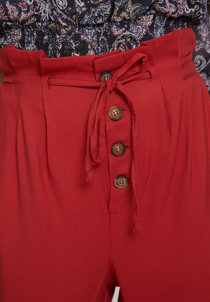 Bayan Kırmızı Beli Bağlamalı Düğme Detaylı Pantolon