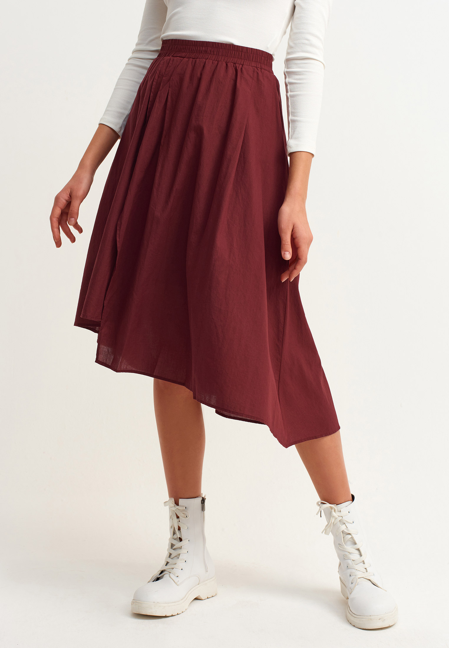 Women Bordeaux Asymmetric Midi Skirt