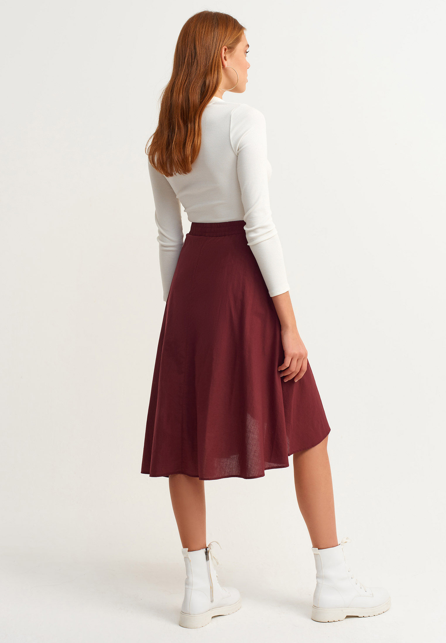 Women Bordeaux Asymmetric Midi Skirt